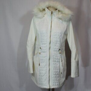 Via Spiga white  hooded fur zip ladies  light  quilted pattern coat  size small